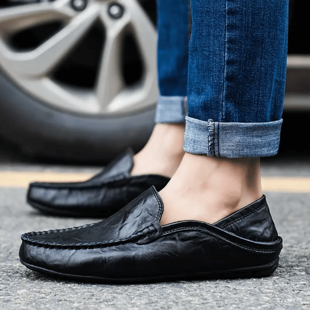Men's Leather Penny Loafers - Slip On - Decorative Stitching