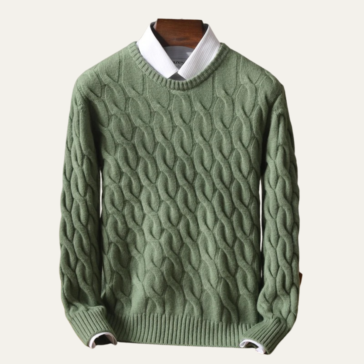 Men's Merino Wool Jumper - Cable Knit Crew Neck Pullover with Ribbed Cuffs and Hem
