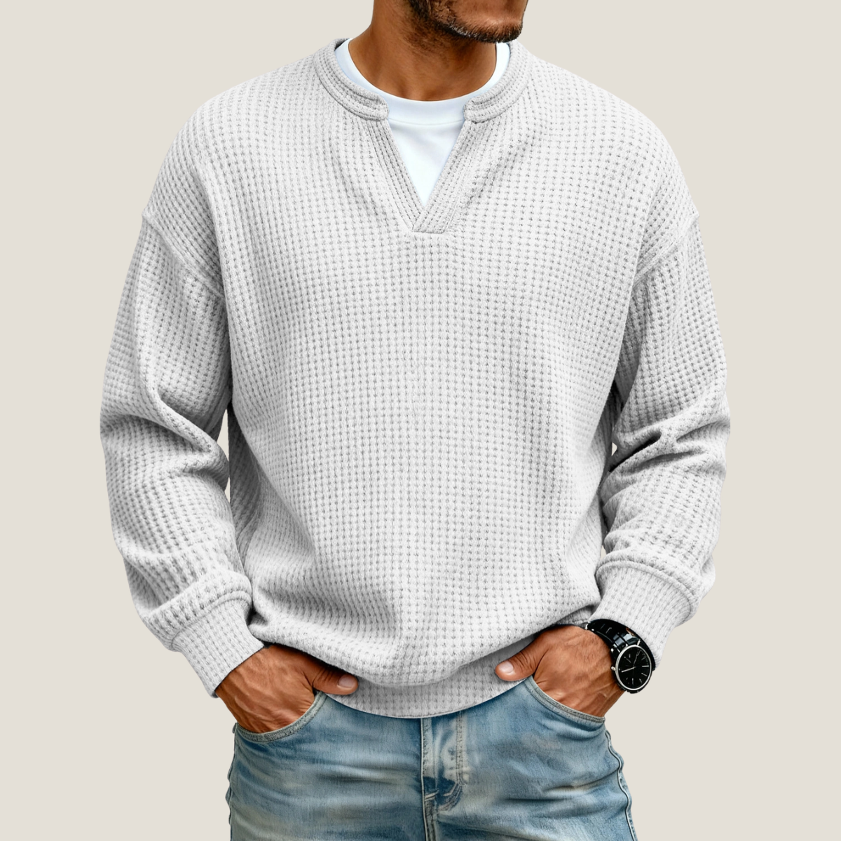 Men's Waffle Knit Jumper - V-Neck - Long Sleeve - Relaxed Fit