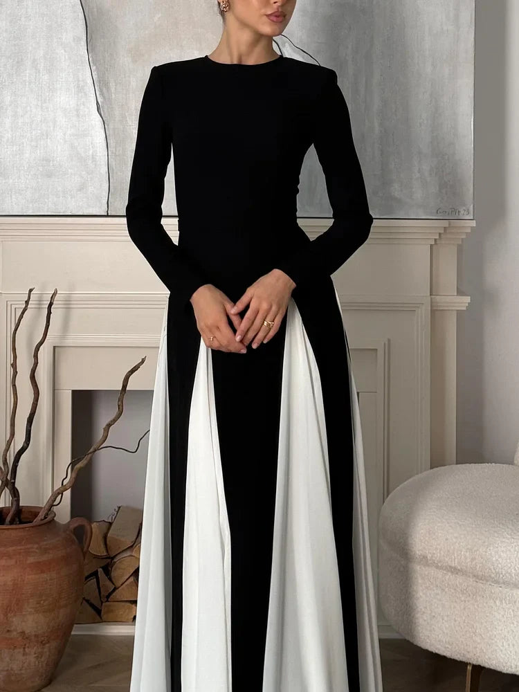 Women's Black And White Formal Maxi Dress - Colour Block - Long Sleeve - Fitted