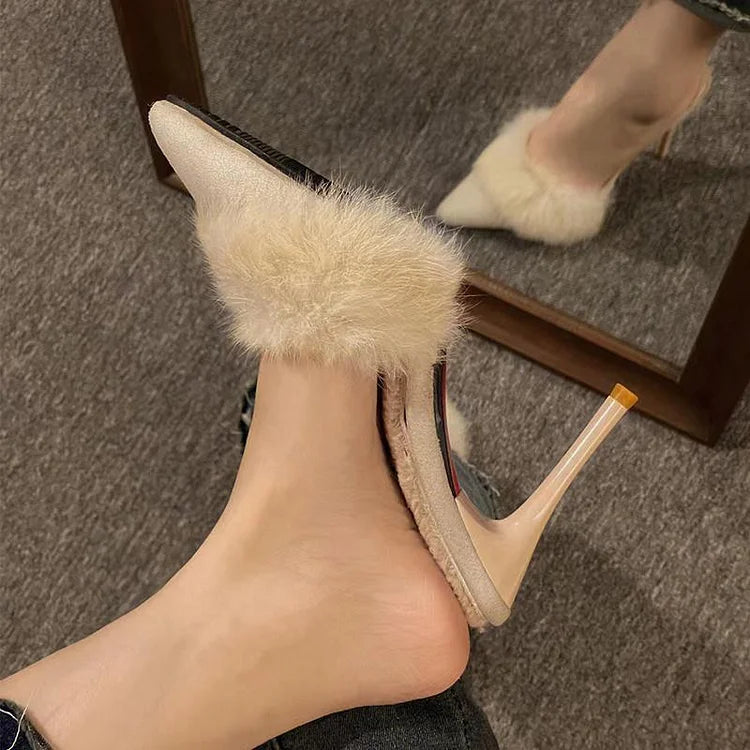 Women's Faux Fur Mule Heels - Pointed Toe - Stiletto - Slip On