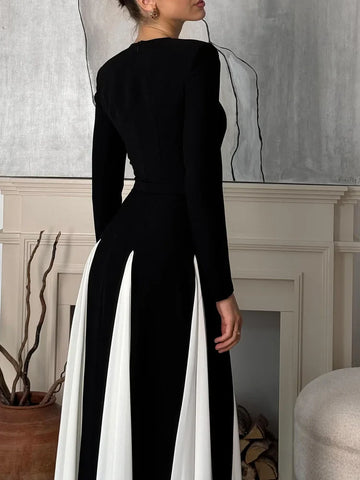 Women's Black And White Formal Maxi Dress - Colour Block - Long Sleeve - Fitted