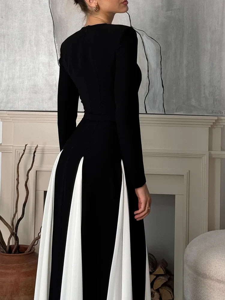 Women's Black And White Formal Maxi Dress - Colour Block - Long Sleeve - Fitted