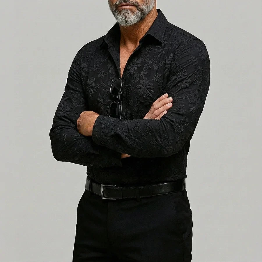 Men's Floral Jacquard Shirt - Long Sleeve Button Up - Slim Fit