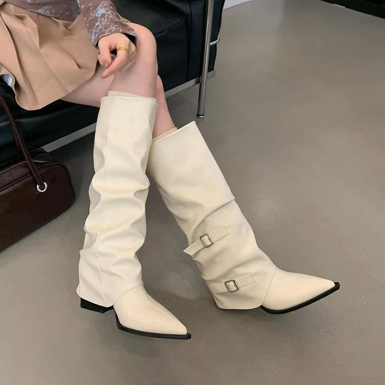 Women's Knee High Boots - Slouch - Double Buckle - Pointed Toe