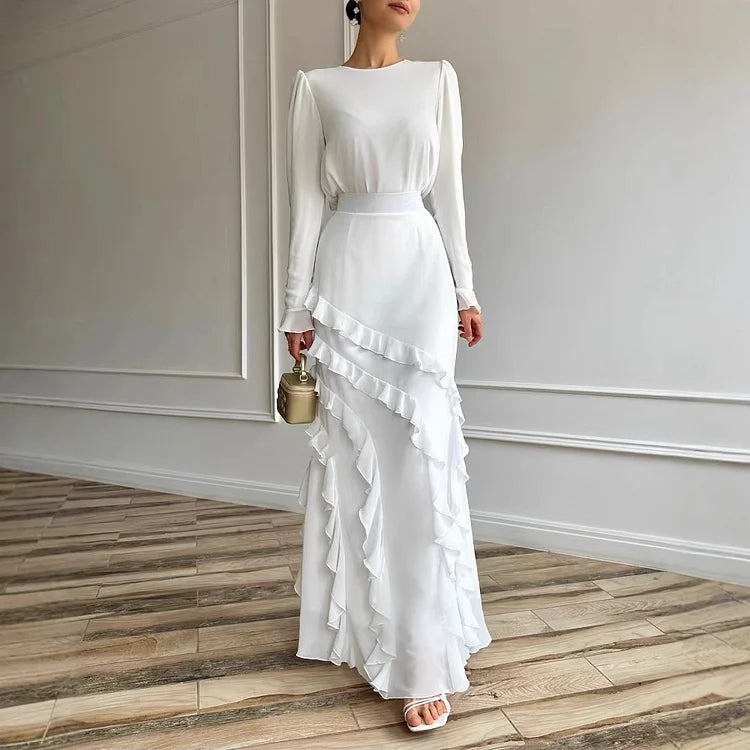 Women's Formal Maxi Dress - Ruffle Hem - Long Sleeve - Crew Neck