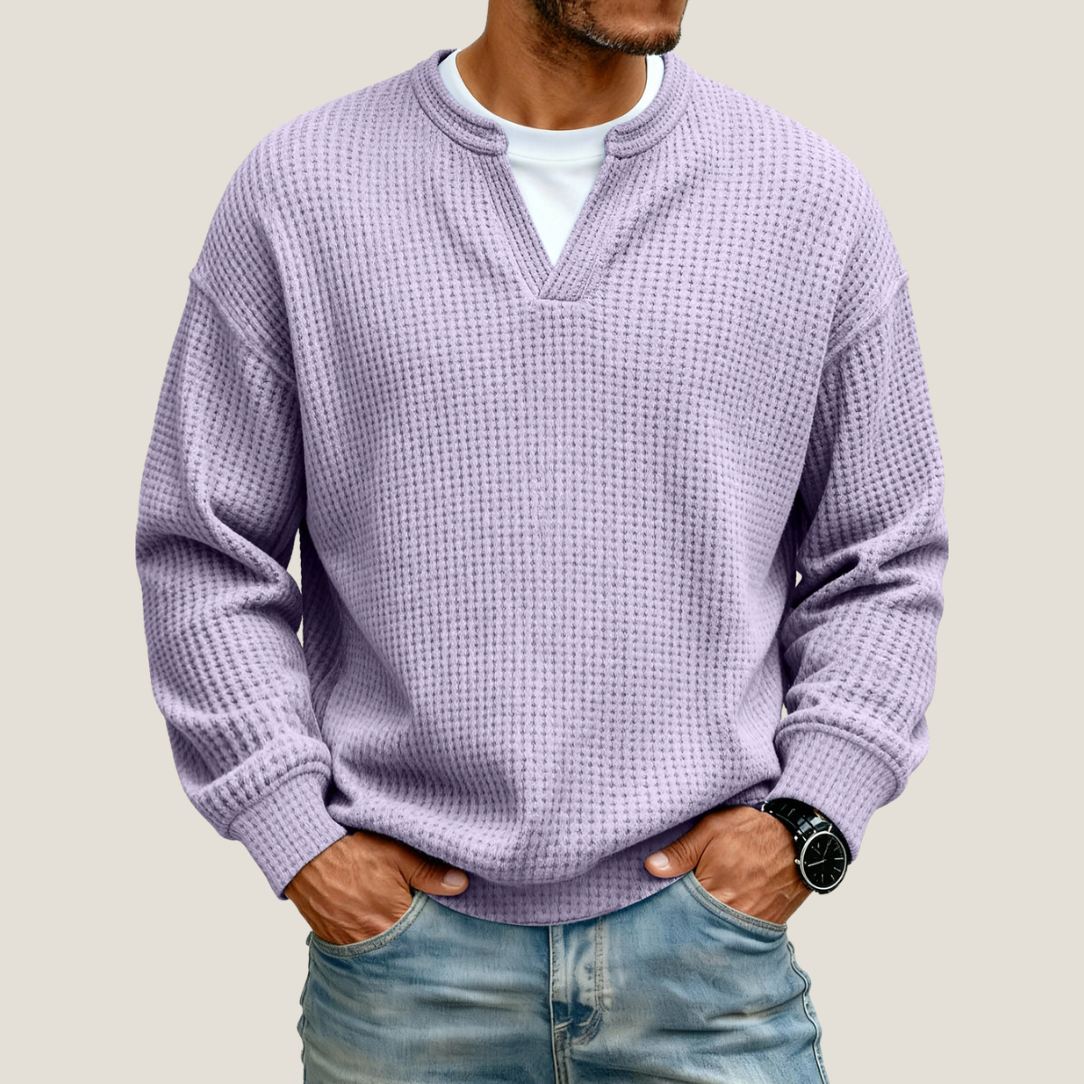 Men's Waffle Knit Jumper - V-Neck - Long Sleeve - Relaxed Fit