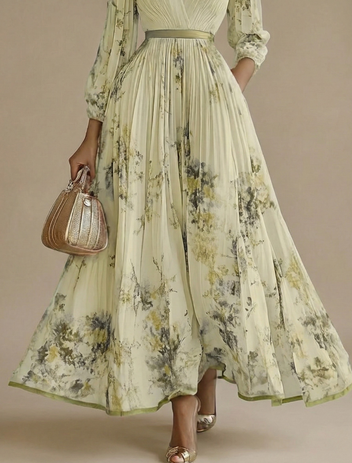 Women's Floral Maxi Dress - Long Sleeve V-Neck Pleated A-Line Skirt