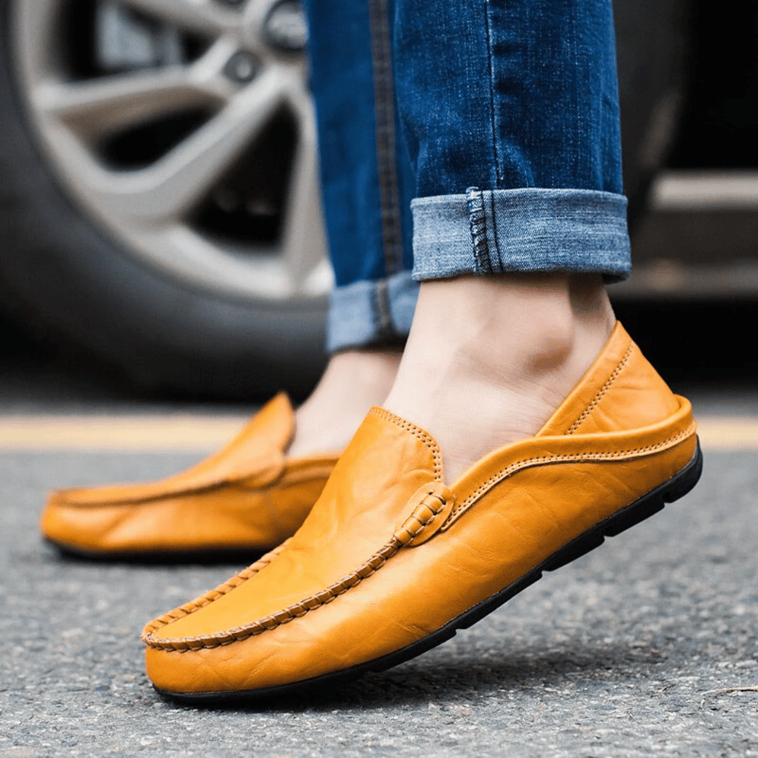 Men's Casual Loafers - Slip-On Moccasin Toe with Topstitched Apron and Flat Sole