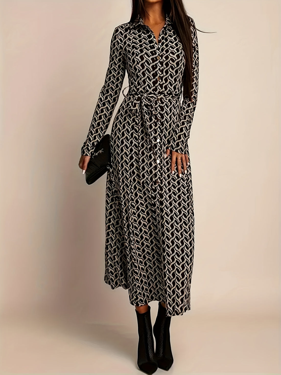 Women's Black Long Sleeve Midi Dress - Geo Print - Belted Waist