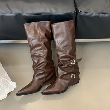 Women's Knee High Boots - Slouch - Double Buckle - Pointed Toe