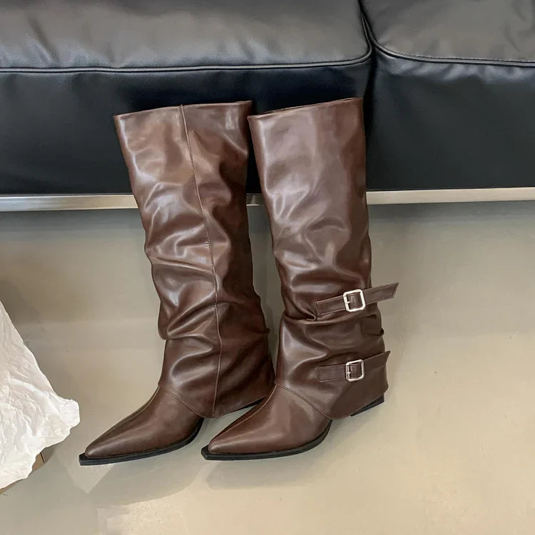 Women's Knee High Boots - Slouch - Double Buckle - Pointed Toe