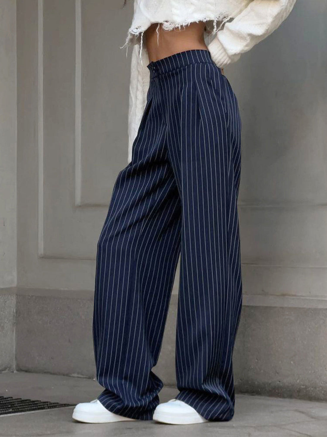 Women's Wide Leg Pants - High Waist Pinstripe Pleat Detail
