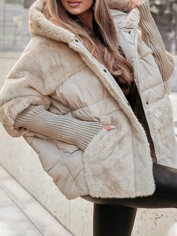 Women's Faux Fur Puffer Jacket - Oversized Hooded Zip-Up with Quilted Panel
