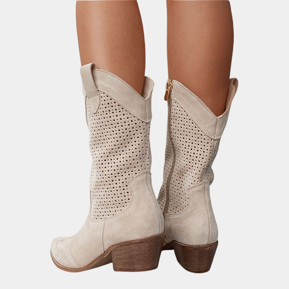 Women's Cowgirl Boots - Perforated Mid Calf - Block Heel - Zip Up