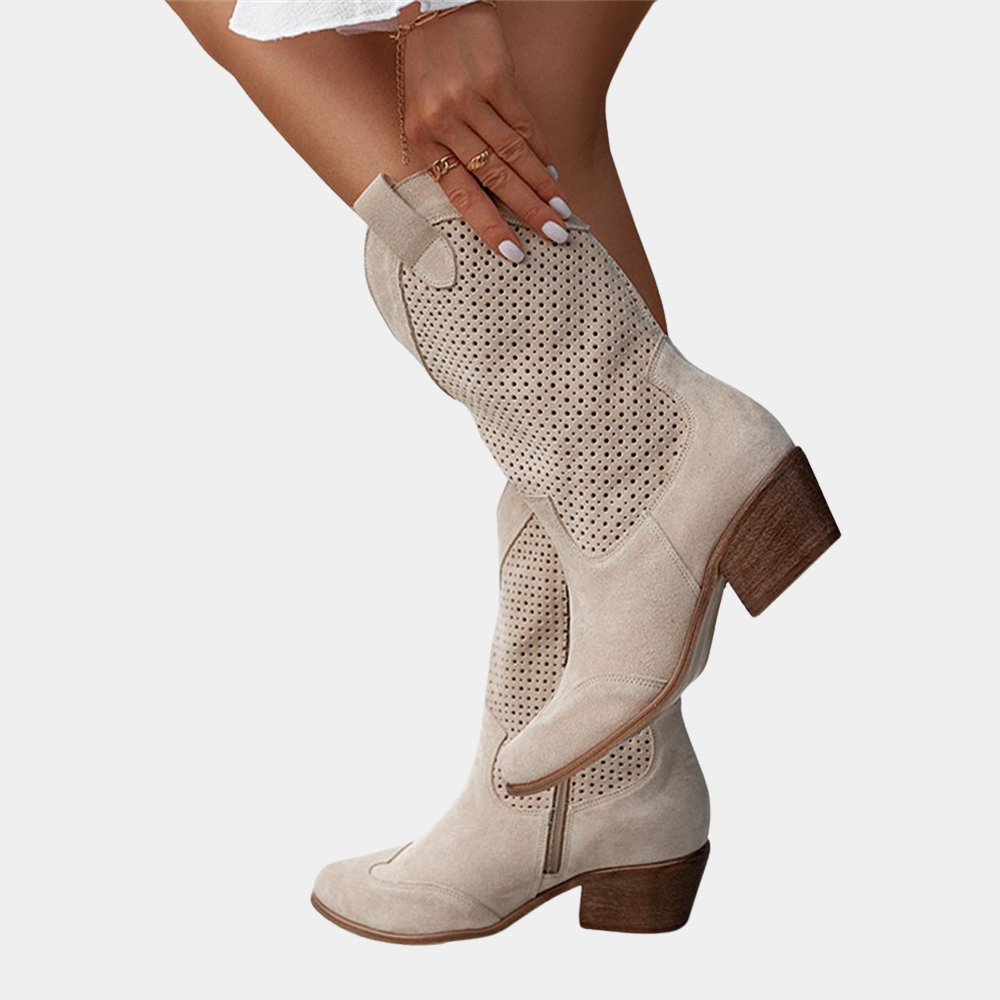 Women's Cowgirl Boots - Perforated Mid Calf - Block Heel - Zip Up