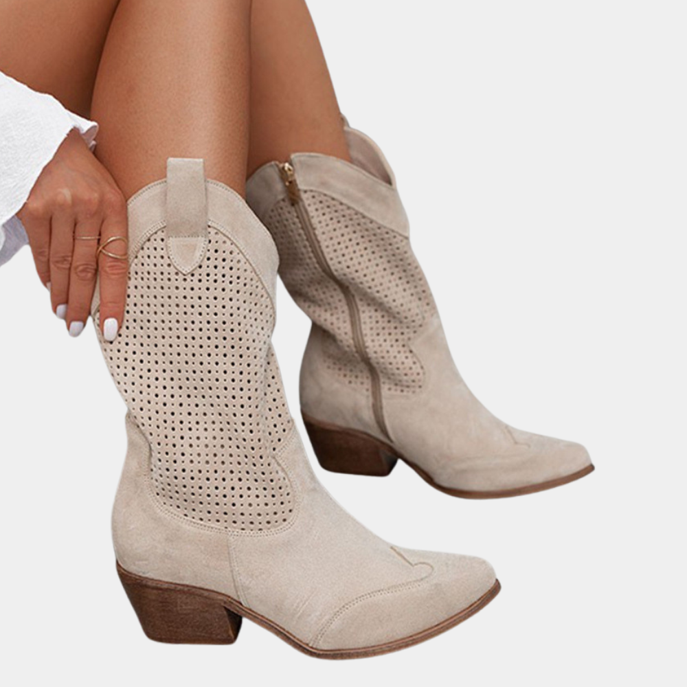 Women's Cowgirl Boots - Perforated Mid Calf - Block Heel - Zip Up