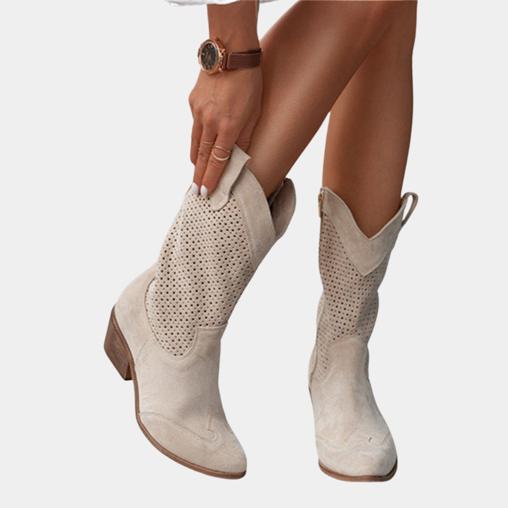Women's Cowgirl Boots - Perforated Mid Calf - Block Heel - Zip Up