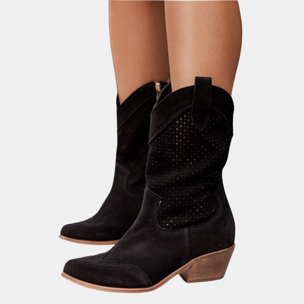 Women's Cowgirl Boots - Perforated Mid Calf - Block Heel - Zip Up
