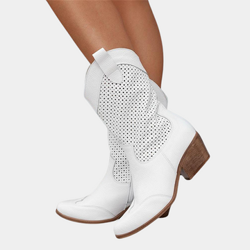 Women's Cowgirl Boots - Perforated Mid Calf - Block Heel - Zip Up