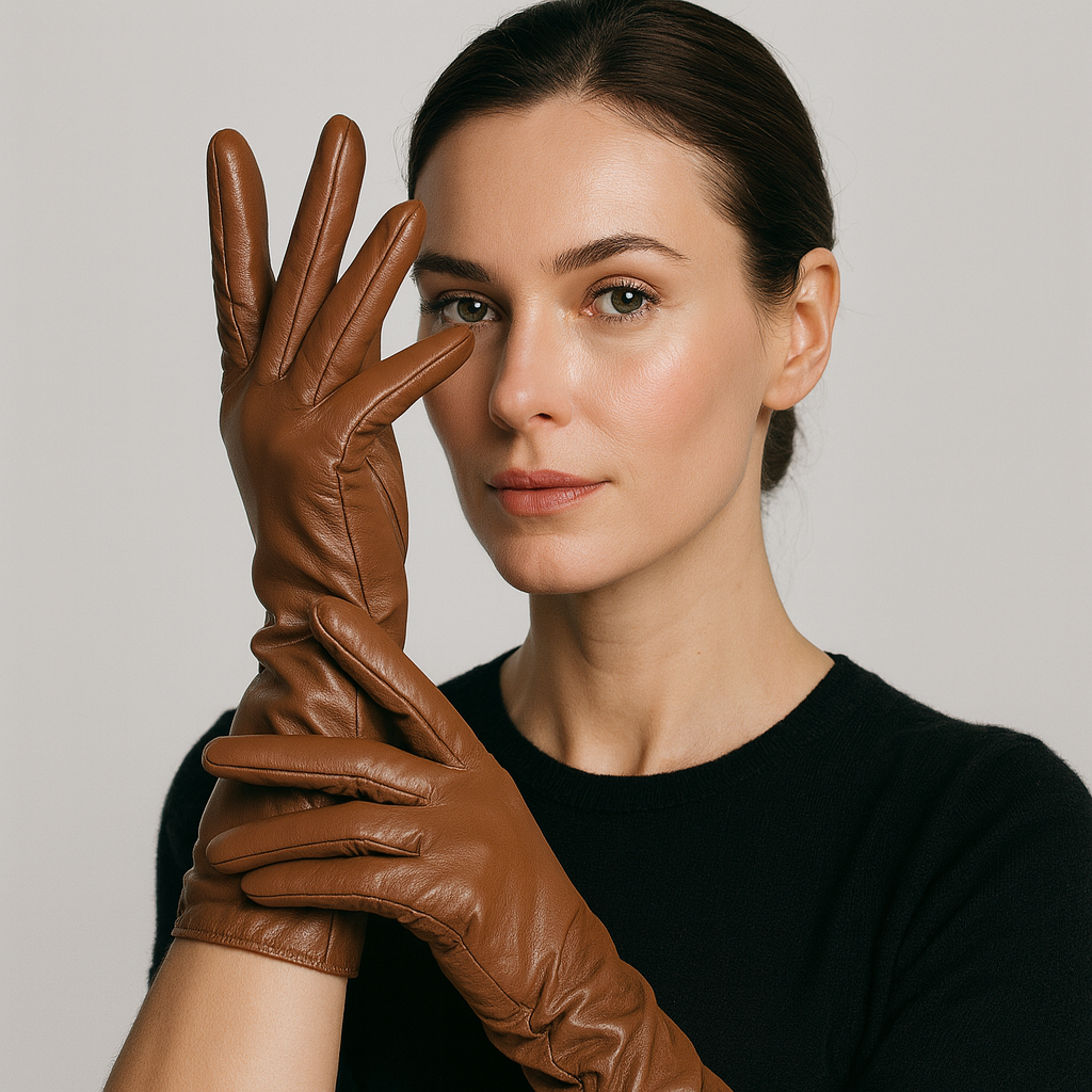Women's Sheepskin Leather Gloves - Full Finger - Ruched Elastic Wrist - Extended Length