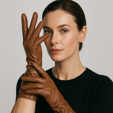 Women's Sheepskin Leather Gloves - Full Finger - Ruched Elastic Wrist - Extended Length