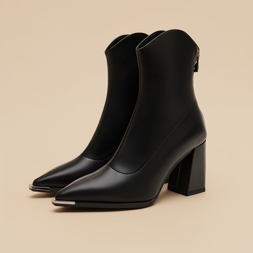 Women’s Pointed Toe Ankle Boots with Side Zip Closure and Block Heel