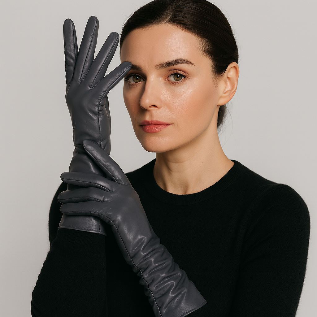 Women's Sheepskin Leather Gloves - Full Finger - Ruched Elastic Wrist - Extended Length