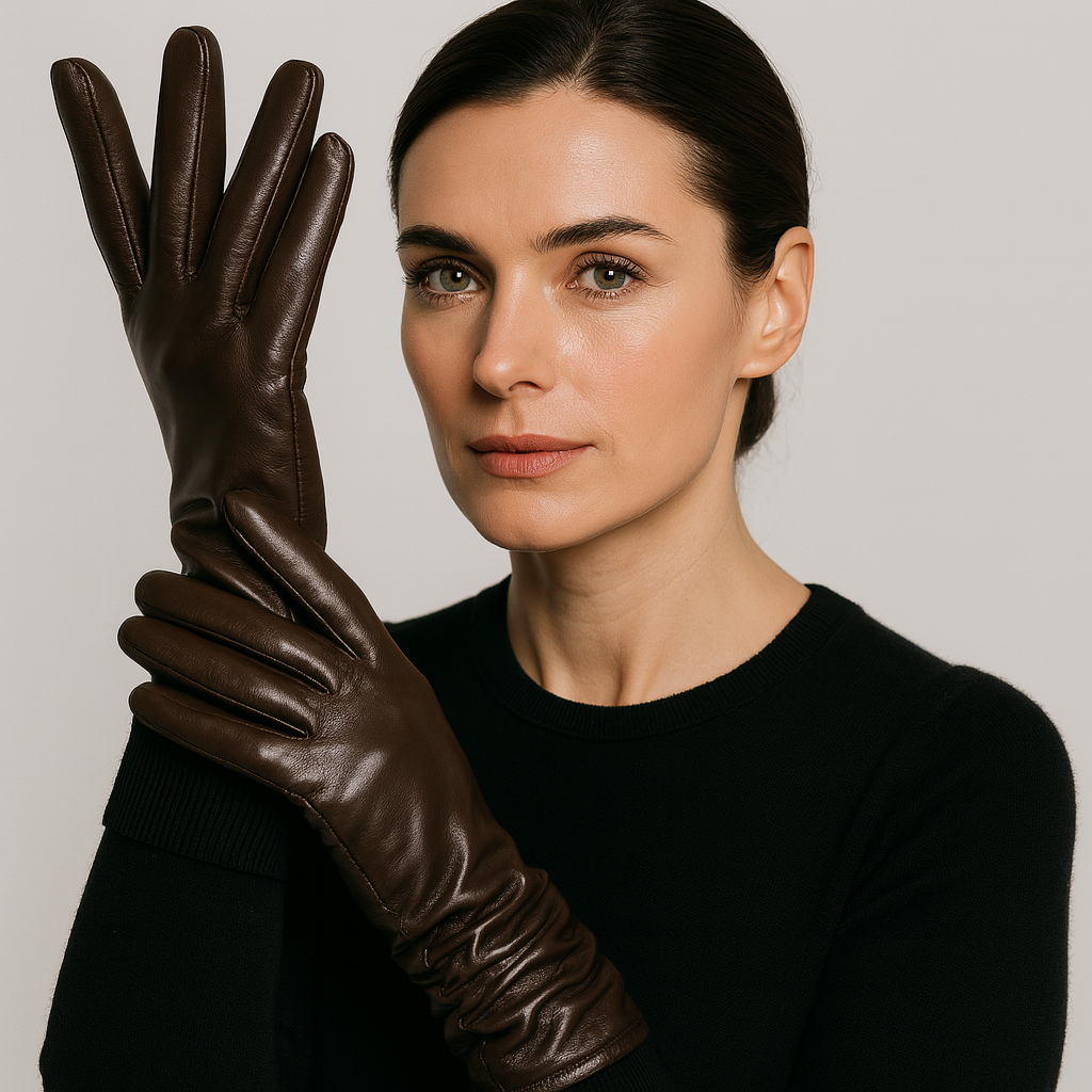 Women's Sheepskin Leather Gloves - Full Finger - Ruched Elastic Wrist - Extended Length