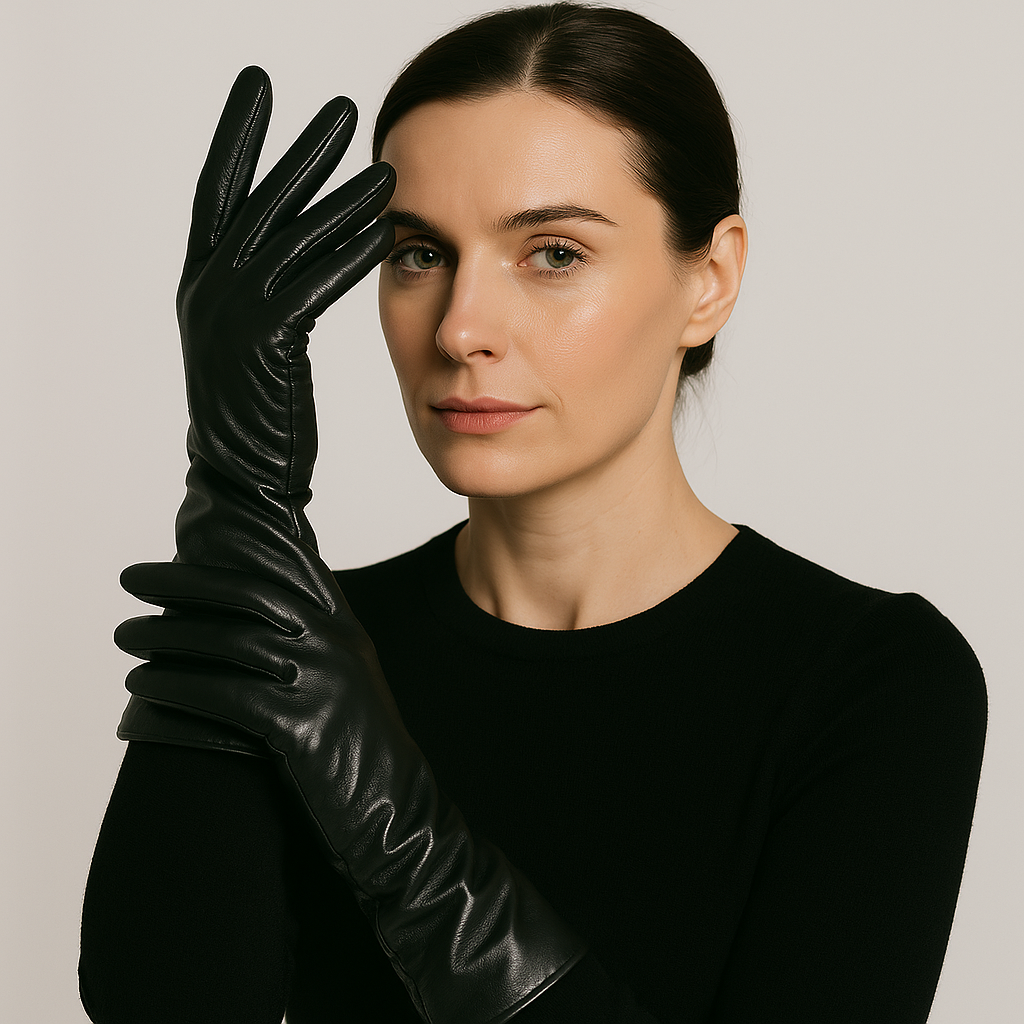 Women's Sheepskin Leather Gloves - Full Finger - Ruched Elastic Wrist - Extended Length