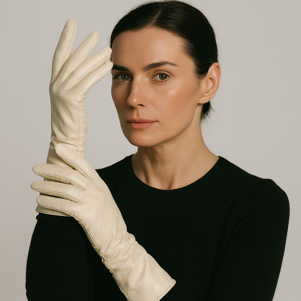 Women's Sheepskin Leather Gloves - Full Finger - Ruched Elastic Wrist - Extended Length