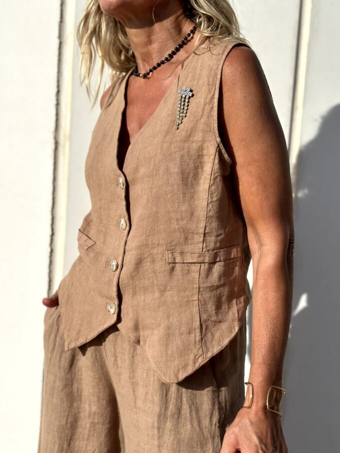 Chic Khaki Women’s Vest and Wide-Leg Trousers Set