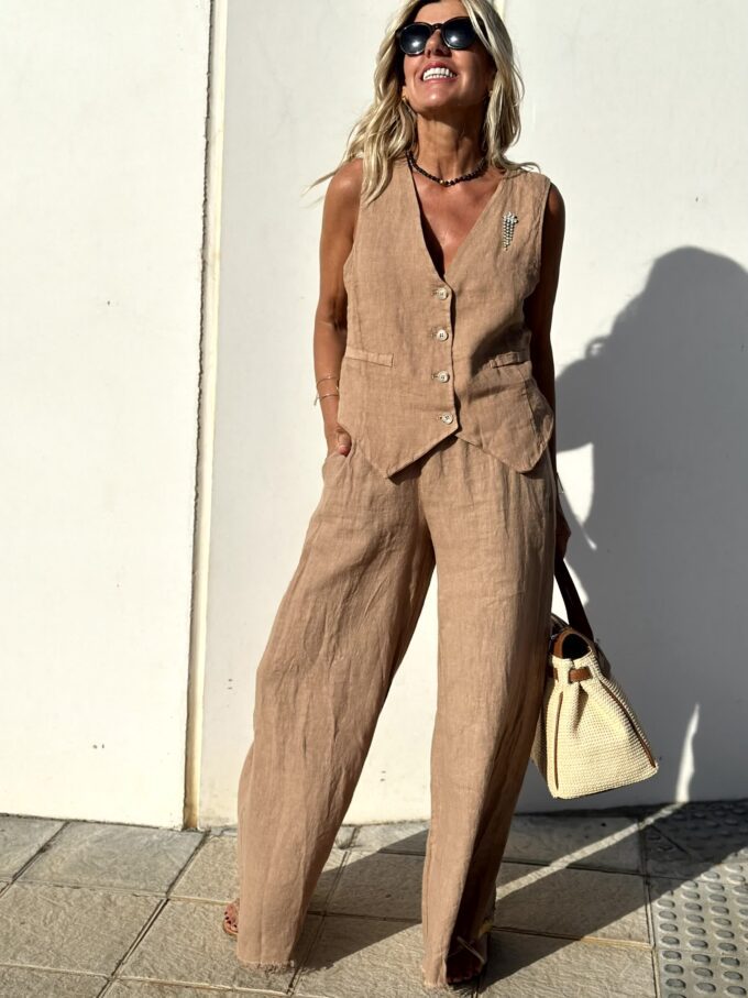 Chic Khaki Women’s Vest and Wide-Leg Trousers Set