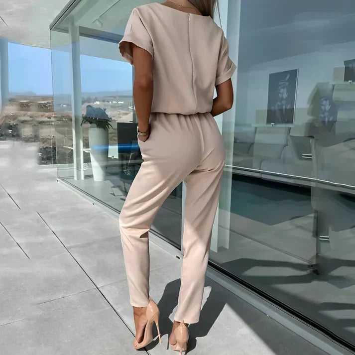 Elegant Women’s Short Sleeve Tie Waist Jumpsuit