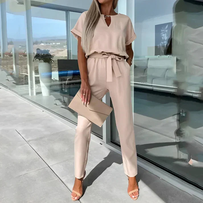 Elegant Women’s Short Sleeve Tie Waist Jumpsuit