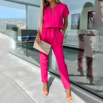 Elegant Women’s Short Sleeve Tie Waist Jumpsuit
