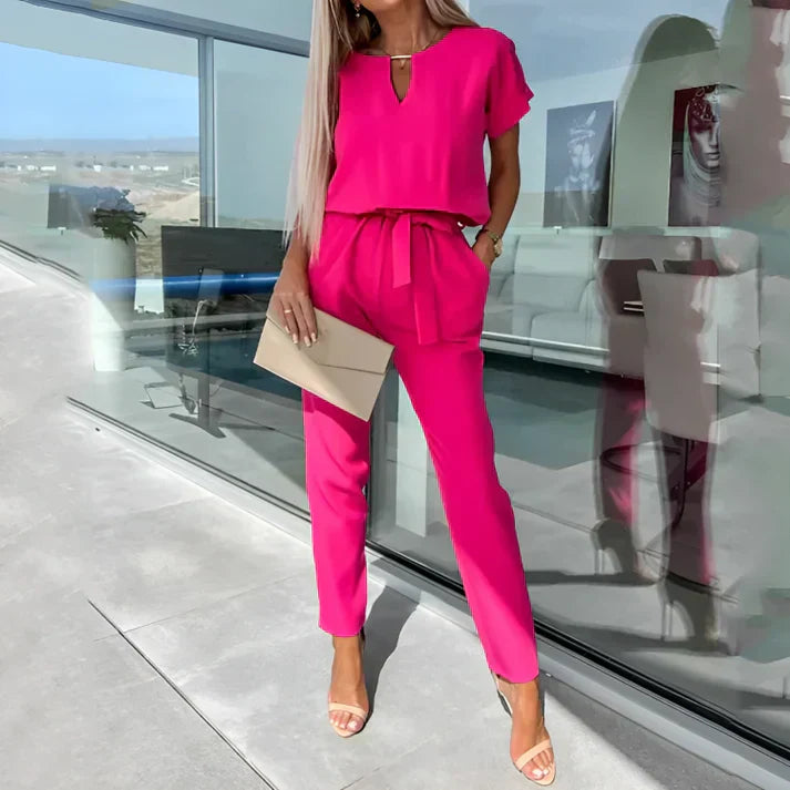 Elegant Women’s Short Sleeve Tie Waist Jumpsuit