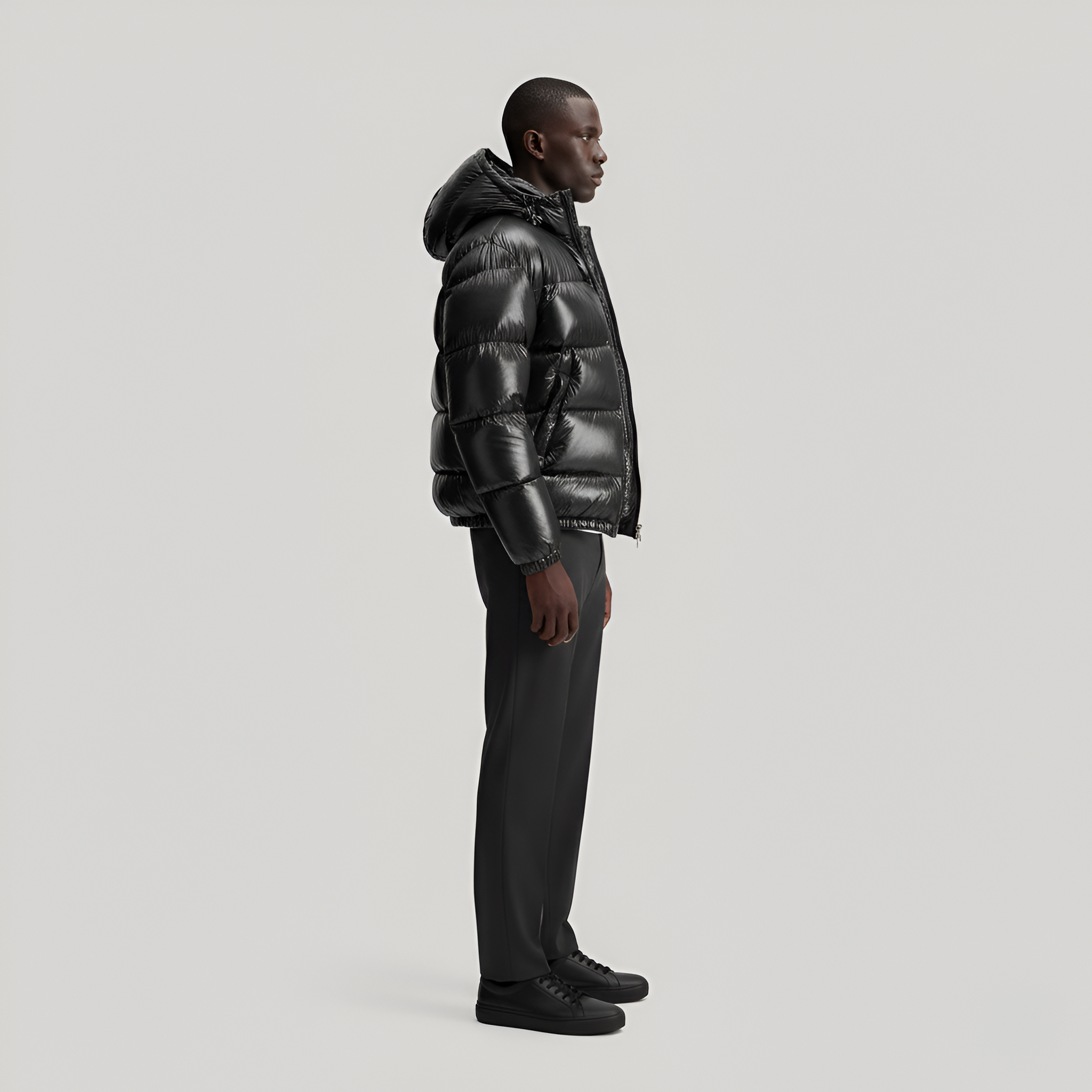 Men's Hooded Puffer Jacket with Glossy Shell - Full Zip - Cropped - Winter Style