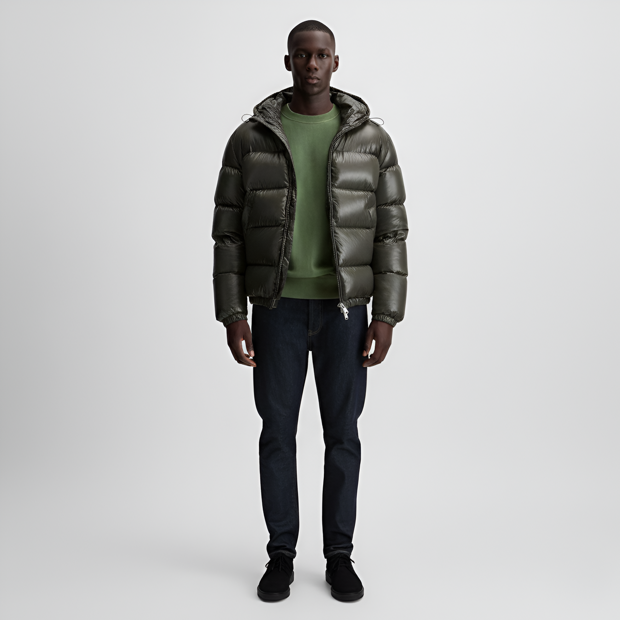 Men's Hooded Puffer Jacket with Glossy Shell - Full Zip - Cropped - Winter Style