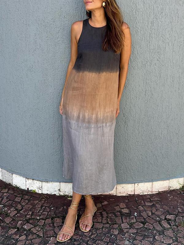 Gradient Tie-Dye Maxi Dress – Sleeveless Round Neck Style