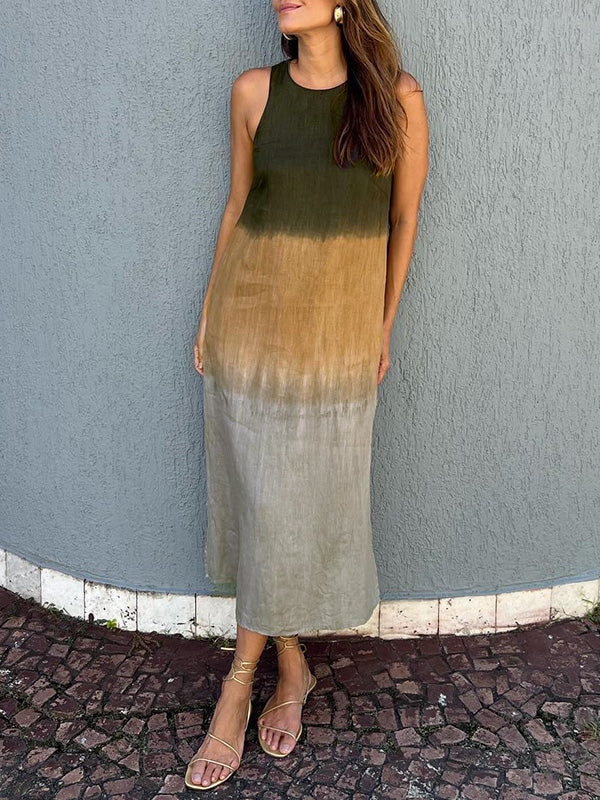 Gradient Tie-Dye Maxi Dress – Sleeveless Round Neck Style