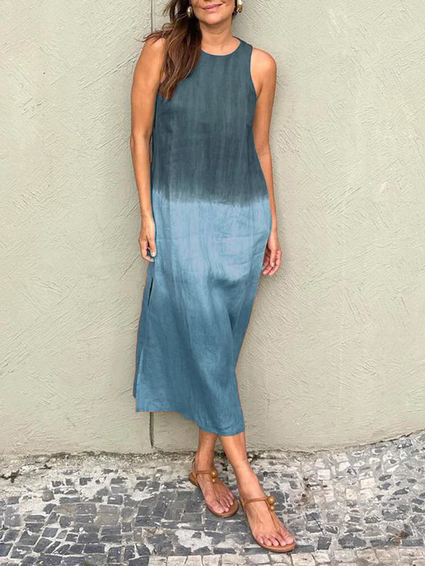 Gradient Tie-Dye Maxi Dress – Sleeveless Round Neck Style
