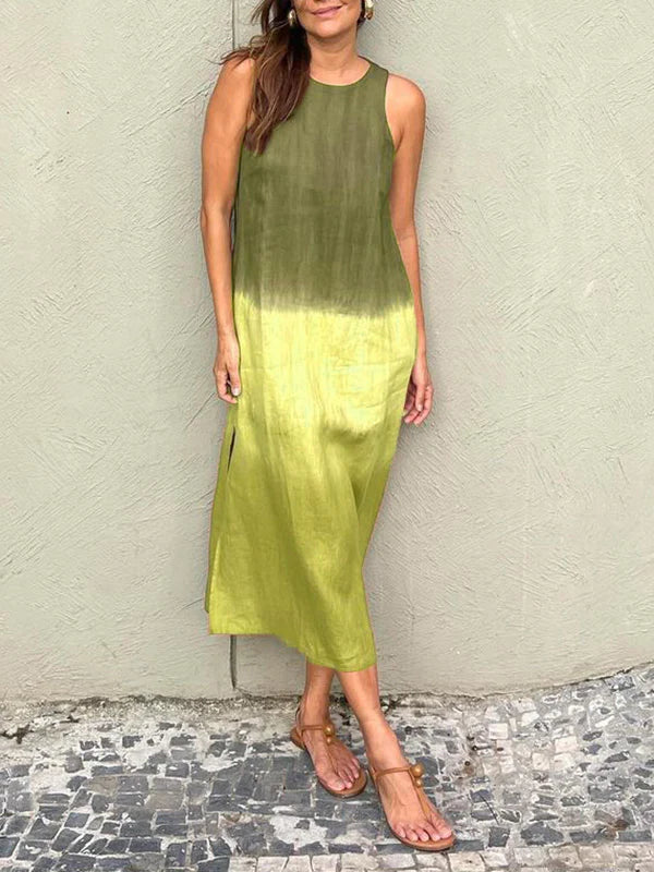 Gradient Tie-Dye Maxi Dress – Sleeveless Round Neck Style