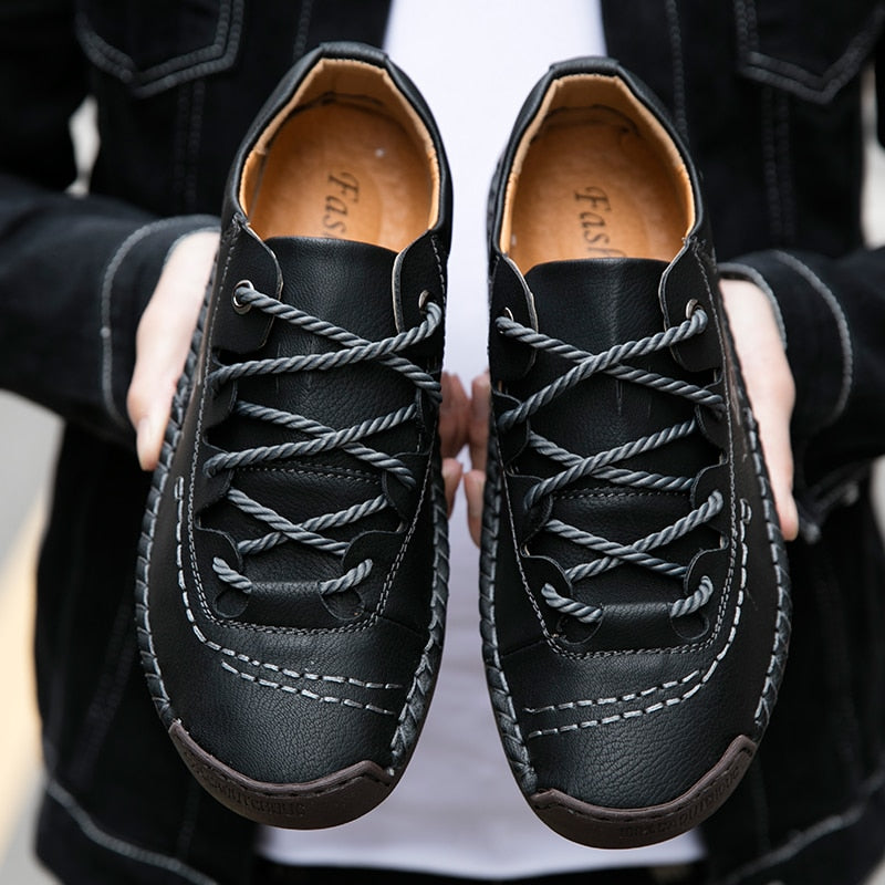 Men's Leather Lace-Up Casual Shoes with Hand-Stitched Detail