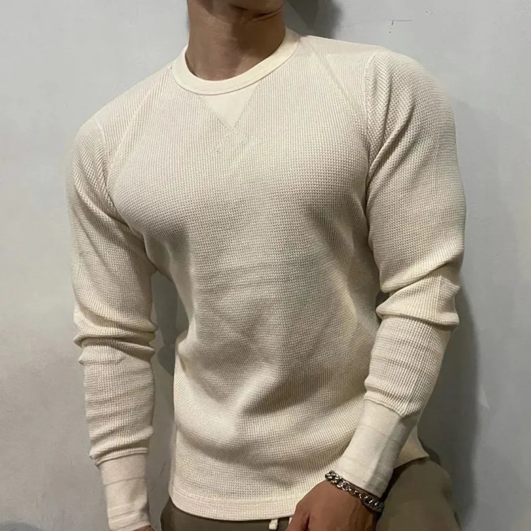 Men's Long Sleeve Crew Neck Top - Waffle Knit Texture with Raglan Sleeves and V-Stitch Detail