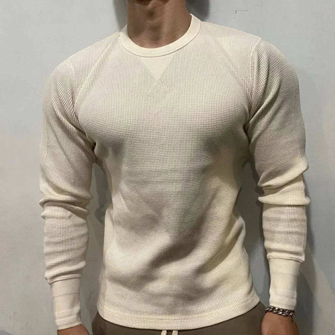 Men's Long Sleeve Crew Neck Top - Waffle Knit Texture with Raglan Sleeves and V-Stitch Detail