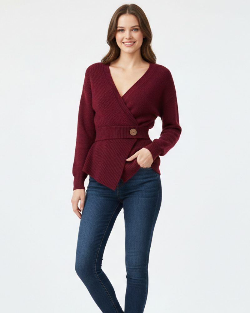 Women's Knit Wrap Top - Long Sleeve V-Neck Peplum with Gold Button Waist Detail