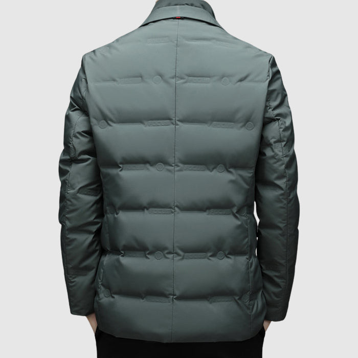 Men's Down Puffy Jacket - Notch Lapel Blazer Style - Two-Button Front - Quilted Puffer - Smart Casual Coat