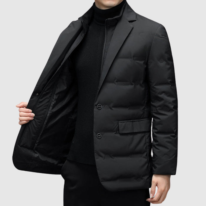 Men's Down Puffy Jacket - Notch Lapel Blazer Style - Two-Button Front - Quilted Puffer - Smart Casual Coat