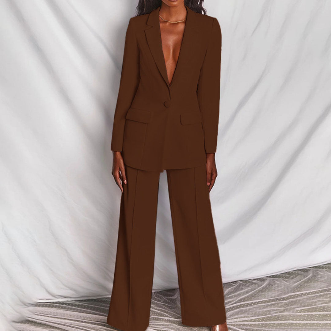 Women’s Trouser Suit – One-Button Blazer, Wide-Leg Pants